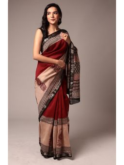 Zari Jaipur - Kota Doria Maroon Saree with Unstitched Blouse Printed Work