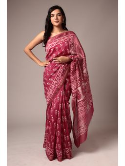 Zari Jaipur - Chanderi Dark Pink Saree with Unstitched Blouse Printed Work