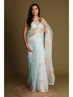 Zari Jaipur - Organza Peach Saree with Unstitched Blouse Printed Work