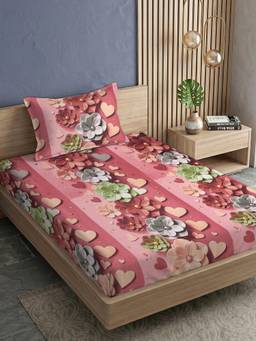 FABINALIV - Rust Floral 300 TC Polycotton Single 7D Bedsheet with 1 Pillow Cover