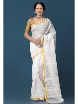 Unnati Silks - Ivory Pure Banarasi Kota With Gold Embossed and Embroidery Saree with Unstitched Blouse