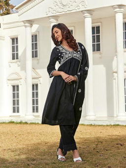 BulBul - Akanksha Black Cotton Kurta and Pant with Dupatta (Set of 3)