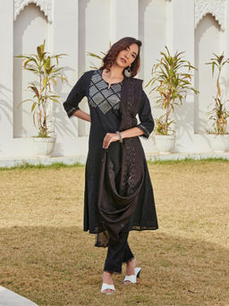 BulBul - Maryam Black Cotton Kurta and Pant with Dupatta (Set of 3)
