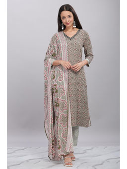 BulBul - Firdous Rayon Olive Kurta and Pant with Dupatta (Set of 3)