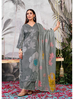 BulBul - Farida Grey Silk Kurta and Palazzo with Dupatta (Set of 3)