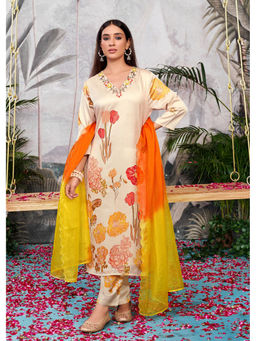 BulBul - Malaika Silk Cream Kurta and Pant with Dupatta (Set of 3)