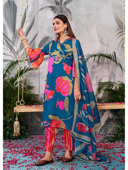 BulBul - Rani Blue Silk Kurta and Pant with Dupatta (Set of 3)