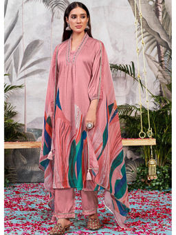 BulBul - Shama Peach Silk Kurta and Pant with Dupatta (Set of 3)