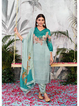 BulBul - Tasneem Silk Teal Kurta and Pant with Dupatta (Set of 3)
