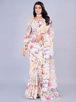 Ethnovog - Women Multi-Color Georgette Floral Printed Saree with Stitched Blouse