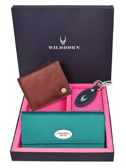 WILDHORN - Premium Leather Ladies Wallet, Mens Wallet and Keychain Gift -1K_TE_2052C_K (Set of 3)