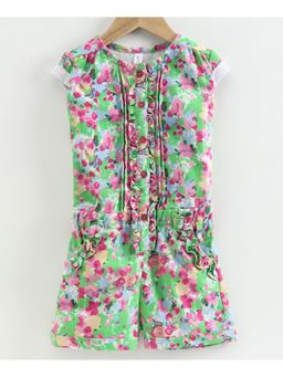 KiddoPanti - Girls Cotton Flower Printed Ruffle Placket Romper Short