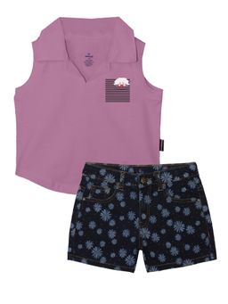 KiddoPanti - Girls Cropped Placement Print Polo Tee And Flower Printed Denim Hot Shorts