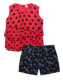 KiddoPanti - Girls Sleeveless Layered Top And Flower Printed Denim Shorts