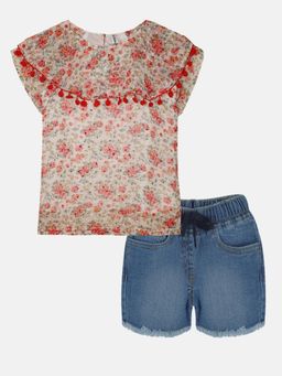KiddoPanti - Girls Pom Pom Lace Top And Denim Hot Shorts