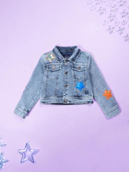 KiddoPanti - Girls Full Sleeves Crop Denim Jacket With Stars Applique