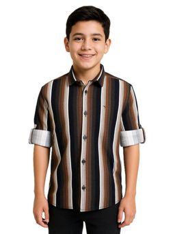CAVIO - Boys Full Sleeves Striped Printed Shirt Brown