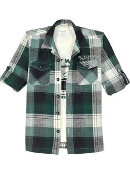CAVIO - Boys Full Sleeves Checked Shirt And T-Shirt Green