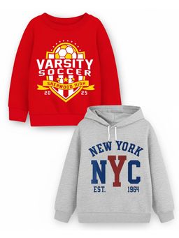 Trampoline - Kids Fleece Varsity And Nyc Printed Sweatshirt - Red Grey (Pack of 2)