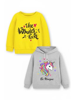Trampoline - Girls Fleece The Wonder Girl Printed Sweatshirt - Yellow Grey (Pack of 2)