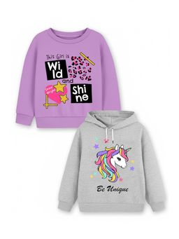 Trampoline - Girls Fleece Text And Unicorn Printed Sweatshirt - Purple Grey (Pack of 2)