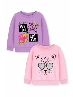Trampoline - Girls Fleece Full Sleeves Text Printed Sweatshirt - Pink Purple (Pack of 2)