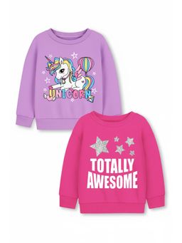 Trampoline - Girls Fleece Unicorn Printed Sweatshirt - Purple Pink (Pack of 2)