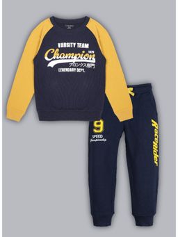 PLUM TREE - Boys Raised Print Round Neck Pullover Sweatshirt And Printed Jogger - Navy