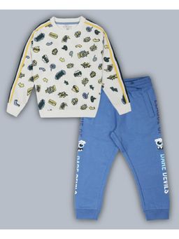 PLUM TREE - Boys Round Neck Pullover Sweatshirt And Printed Jogger - Grey And Blue
