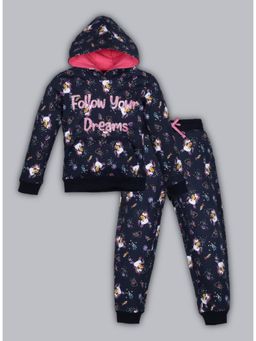 PLUM TREE - Girls Unicorn Printed Hoodie Sweatshirt And Printed Jogger - Navy