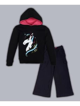 PLUM TREE - Girls Reversible Sequins Hoodie Sweatshirt And Solid Cargo Pant Black