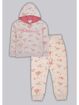 PLUM TREE - Girls Glitter Printed Hoodie Sweatshirt And Printed Jogger - Grey