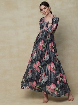 FASHOR - Floral Printed Woven Mirror & Gotapatti Embroidered Maxi Dress Black