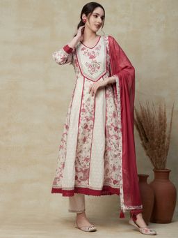 FASHOR - Floral Printed Cotton Anarkali Kurta with Pants & Dupatta Off White (Set of 3)