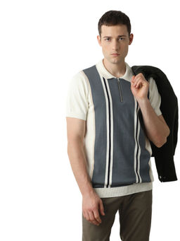 Selected - White Colourblocked Knitted Polo Tshirt