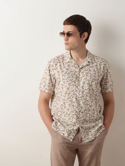 Selected - Beige Floral Print Cuban Collar Shirt