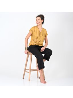 Saltpetre - Women Mustard Cedar Print V-Neck Top With Black Wide Pant (Set of 2)