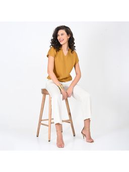 Saltpetre - Women Solid Mustard V-Neck Top With Cream Pant (Set of 2)