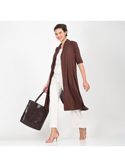 Saltpetre - Women Solid Coffee Brown Overlay with Cream Slip and Wide Leg Pant (Set of 3)