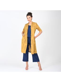 Saltpetre - Women Mustard Cedar Print Overlay with Navy Slip With Wide Pant (Set of 3)