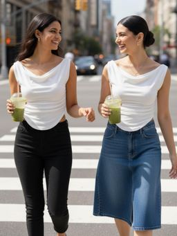 Uptownie - Stretchable Polyester V-neck Sleeveless Crop Top White