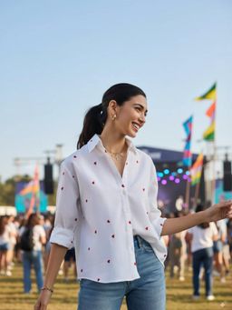 Uptownie - White Hearts Embroidered Cotton Shirt