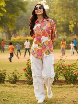 Uptownie - Printed Asymmetric Cotton Shirt - Multi-Color