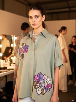 Uptownie - Grey Anti Fit Embellished Cotton Shirt