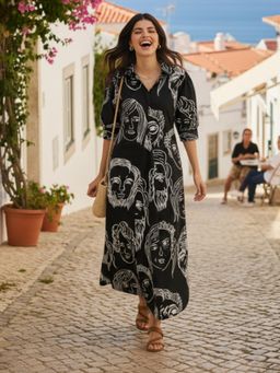 Uptownie - Women Black Cotton Printed Midi Dress