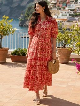 Uptownie - Women Red Cotton Floral Midi Dress