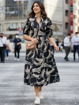 Uptownie - Black Cotton Printed Dress