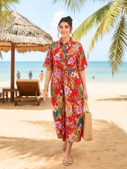 Uptownie - Red Cotton Twisted Shirt Midi Dress