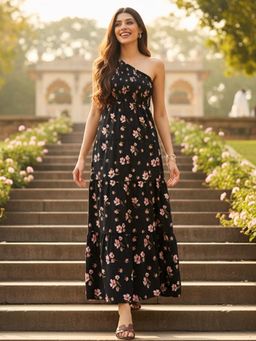 Uptownie - Black One Shoulder Smocked Maxi Dress