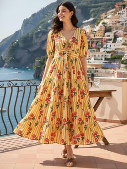 Uptownie - Cotton Yellow Tie Up Tiered Maxi Dress